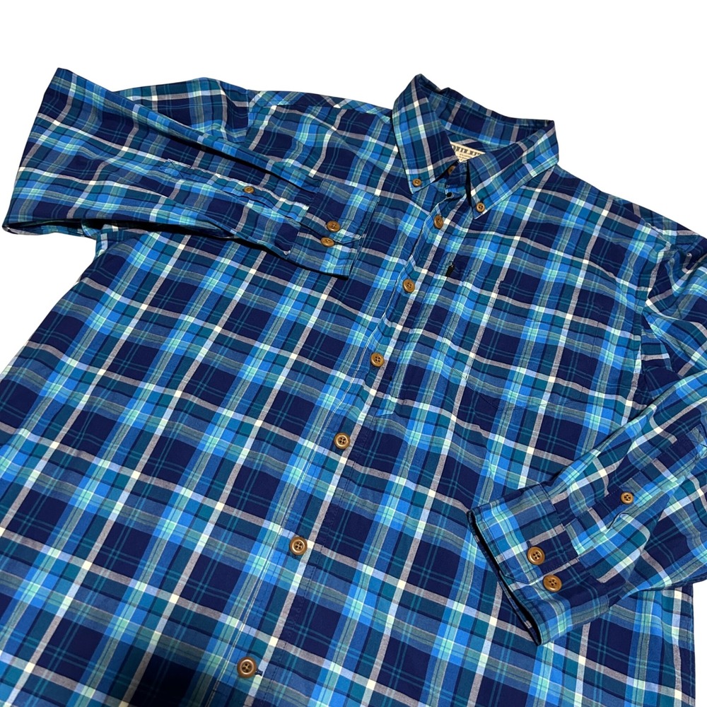 Duluth Trading Co Button Down Shirt Mens Large Blue Plaid Long Sleeve Stretch